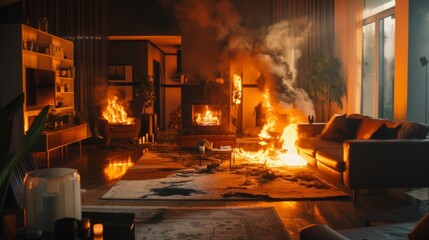 Wall Mural - Fire inside the house. Burning room. Interior and furniture in flames. Smoke, fire and soot