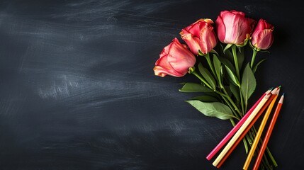 Wall Mural - a bunch of pink roses with colored pencils on a blackboard