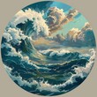 wave, ocean in the circle, art illustration, nostalgic paintings, dark sky-blue and beige
