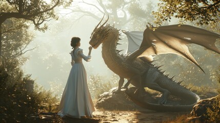 Wall Mural - A graceful lady with her dragon in a misty forest.