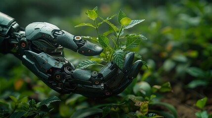 Poster - Concept of environmental technology. Robot hand holding small plants with Environment icon. Artificial Intelligence and Technology ecology. Sustainable Development Goals. Artificial Intelligence.