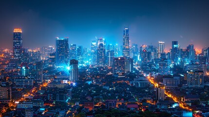 Poster - In this night panorama view of city at night, smart networks and connections are presented
