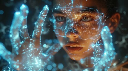 Aufkleber - Using Glasses to touch objects for experiences in a metaverse virtual world. Futuristic theme.