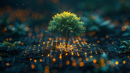 Poster - The concept of green computing, green technology, green IT, CR, and IT ethics is represented by the tree growing on a circuit cube. A blue light background and wireframe network background are used