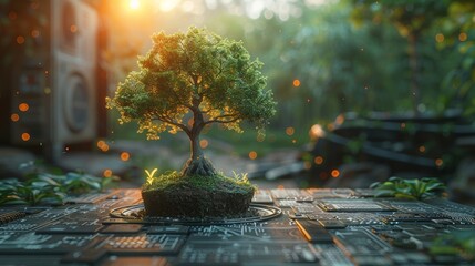 Poster - Eco technology and technology convergence. Concept of green computing, green technology, green IT, corporate social responsibility, and IT ethics.