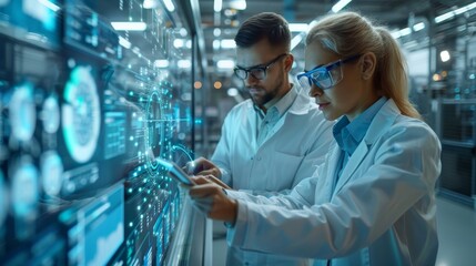 Poster - Digitalization of a factory: Two industrial engineers use a tablet computer to visualize a 3D model of a clean green energy engine. Industry 4 A high-tech electronic manufacturing facility with