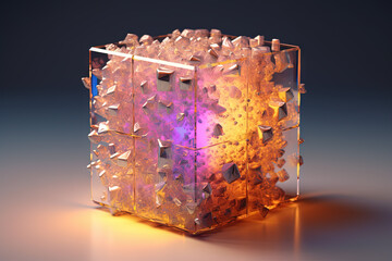 Poster - Ethereal geometric sculpture with a cube shape. Shiny crystal cube structure with vibrant colors in vaporwave and y2k style.