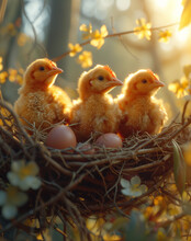 Three Little Chickens Sit In The Nest