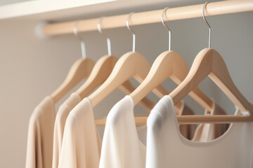 Wall Mural - Trendy capsule wardrobe in beige and white on a wooden rail rack.	