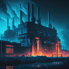 Sticker - Synthwave retro landscape in 80s style with old factory in industrial city district and neon lights.