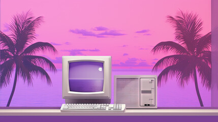 Vaporwave styled scene with computer and palms in purple color.