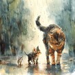 Stray mother cat and  her baby walk wet during heavy rain