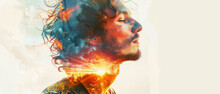 The profile of a meditating person against the background of sunrise and multi colored swirls, double exposure, with space for copying