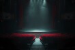 Empty theater with red seats and dramatic lighting. a quiet auditorium awaiting an audience. serene and mysterious ambiance captured. AI