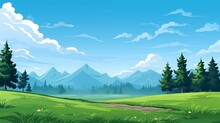 Landscape Background Illustration In Green Tones.  Morning Wood Panorama.  Road Going To Pine Trees And Mountains Silhouettes