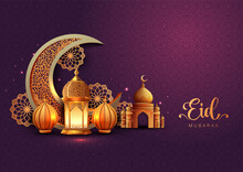 Eid Mubarak Muslim Art Greetings With Golden Mosque And Maroon Background Wallpaper. Abstract Vector Illustration Design.