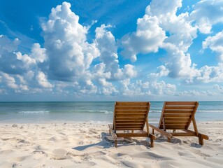 Two wooden chairs on a serene beach with fluffy clouds and gentle waves.