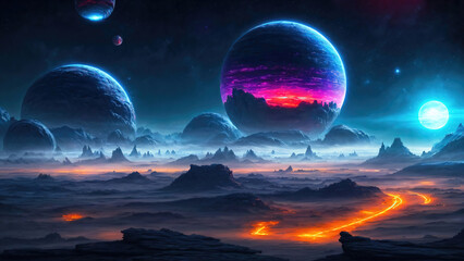 Wall Mural - landscape of an alien planet, view of another planet with stars and nebulas, science fiction cosmic 
