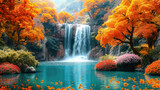 Fototapeta  - Fantasy waterfall with autumn trees and beautiful flowers, idyllic landscape