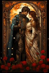 Medieval style tarot card with the lovers image symbolizing a perfect union of kindred spirits, used in esoteric  cartomancy by fortune tellers