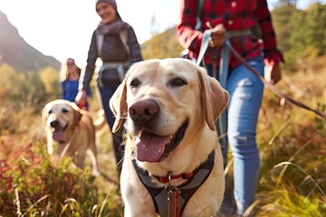 Sticker - portrait of a dog. Pets on a walk with their owners. A dog against the background of people in nature. Concept: dog walking, walking or hiking with pets.