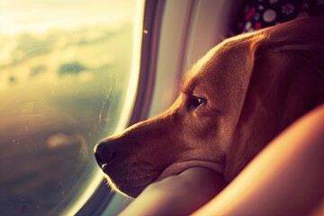 Canvas Print - portrait of a dog. The dog looks out the window. Side view. Close-up of a dog's muzzle through an airplane window. Concept: traveling or moving with a pet, transporting animals.