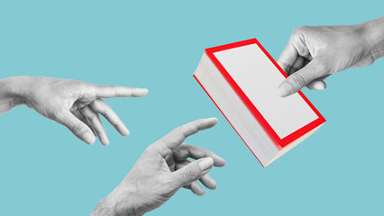Poster - Studying, self-development. Share knowledge. Hand gives the book to other people. Concept of community, hobbies, knowledge , symbolism