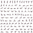 Set of vector silhouettes of woman practicing yoga and fitness exercises. Contours of slim girl in sportive costume working out in different poses isolated on white background. 