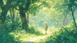 A gentle watercolor depiction of a person taking a leisurely walk in a lush, green forest, illustrating the concept of ecotherapy and the healing power of nature on mental well-being