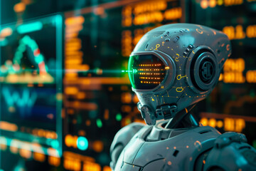 Poster - close-up of a cryptocurrency trading bot. The bot is efficient and profitable, and there are other bots in the background