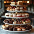 A beautifully plated assortment of macarons and petit fours on a tiered stand, showcasing the elegance and variety of bite-sized desserts 