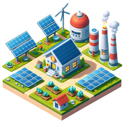 solar power plant isometric 3d design Illustration in the village on transparent background PNG