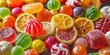 Colorful hard candies pile. Small shiny lollipop pile, fruit confectionery group, round sweets candies