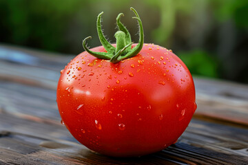 tomato with a red color and a round shape and a juicy overlay on the skin