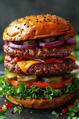 Wall Mural - A large and appetizing burger with grilled meat, cheese, lettuce, tomato, and onion on a wooden background.