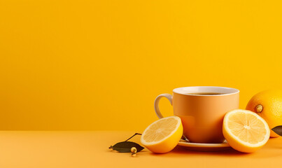 Poster - Cup of tea with lemon on yellow background. Copy space.