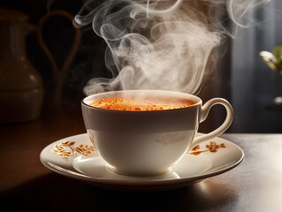 Cup of hot coffee with steam on wooden table in cafe.