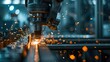A state-of-the-art robotic arm performs laser welding on a metal assembly line, with vibrant sparks illuminating the industrial workspace.