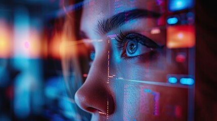 Wall Mural - Close-up image of a woman's eye with reflections of a futuristic digital interface, symbolizing high-tech surveillance or advanced biometric scanning.