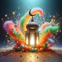 3d painting of Islamic lantern Eid lamps with the word Ramadan wallpaper