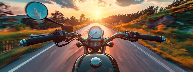 Wall Mural - road trip with sunset, riding motorcycle. Travel and vacation. colorful 