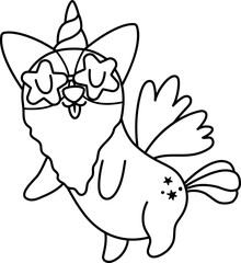 Wall Mural - Vector black and white happy corgi dog unicorn. Fantasy line animal with rainbow horn, tail, flowers on head, wings, stars. Fairytale character for kids. Cartoon magic creature icon or coloring page.