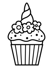 Vector black and white rainbow cup cake with unicorn horn and flowers. Fairytale themed birthday dessert. Cute magic candy bar line design element. Sweet cupcake icon or coloring page.