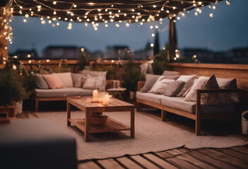 Sticker - Cozy outdoor roof terrace with a sofa and coffee table is decorated with garlands and lamps