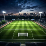 Fototapeta Sport - Twilight Over Immaculate Soccer Field Awaiting Night Match - Calm before the Sporting Storm