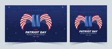 Set Of Remembering September 9 11. Patriot Day. September 11. Never Forget USA 9/11. Twin Towers On American Flag. World Trade Center Nine Eleven. Vector Design Template In Red, White, And Blue Colour