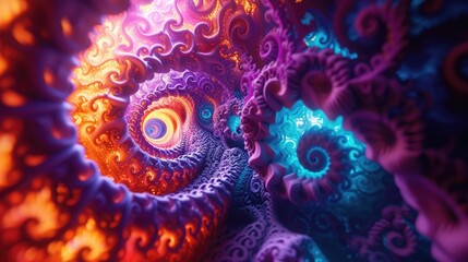 Canvas Print - Intricate fractal patterns with glowing neon swirls in a mesmerizing abstract digital artwork.
