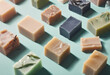 Natural soap bars with ingredients Diy cosmetics products Spa bath still life isometric view Easy Homemade Beauty Products on pastel green background