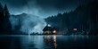 Spooky lakeside cabin taken by an AI adds an eerie ambiance. Concept Spooky, Lakeside Cabin, Eerie, Photo Editing, AI Technology