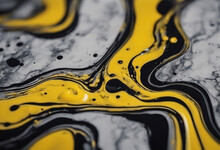 Splashes Of Black And Yellow Paint And Yellow Bubbles On Gray Background Marble Effect Background